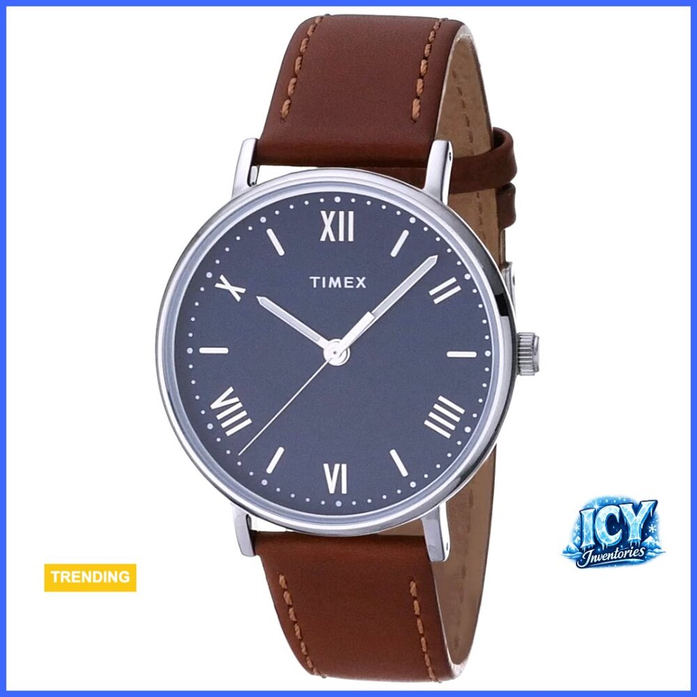 Silver-Tone Quartz Watch with Genuine Leather Strap, 41mm Case